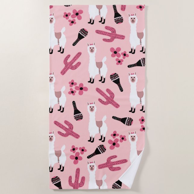 Adorable Pink White Llama Maraca Cactus Floral Beach Towel (Front)