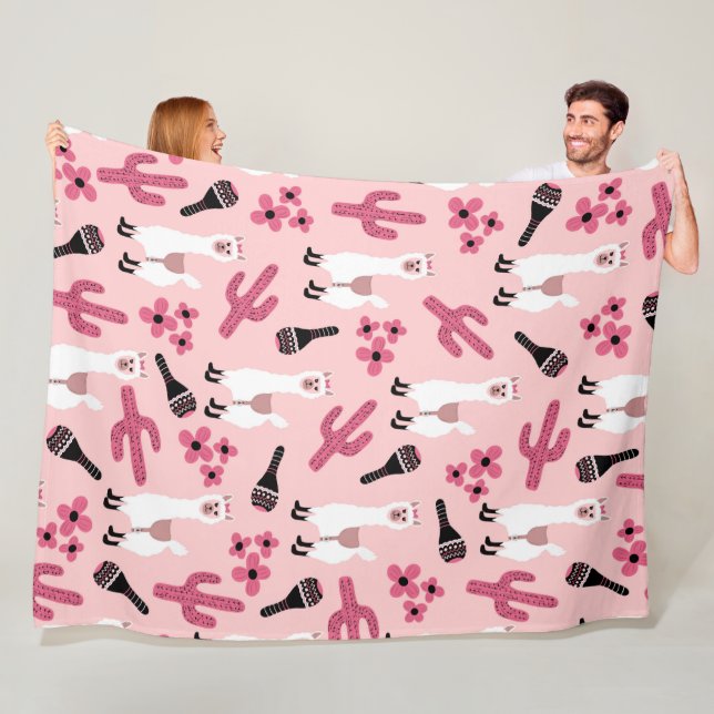 Adorable Pink White Llama Maraca Cactus Floral Fleece Blanket (In Situ)
