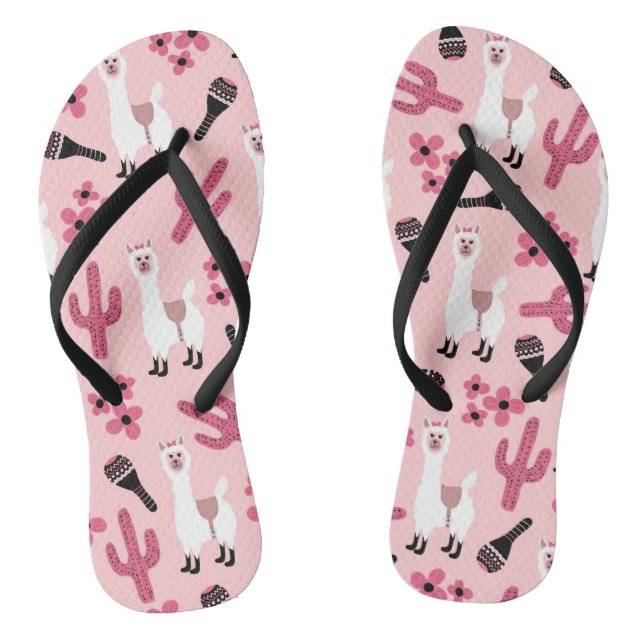 Adorable Pink White Llama Maraca Cactus Floral Flip Flops (Footbed)