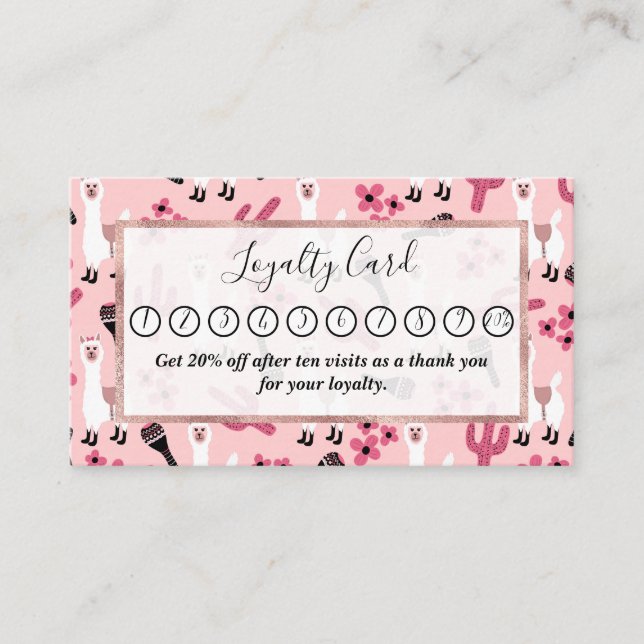 Adorable Pink White Llama Maraca Cactus Floral Loyalty Card (Front)