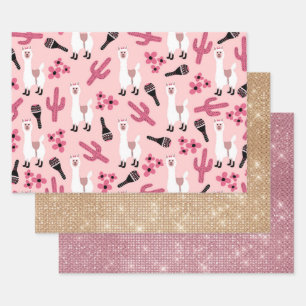 Adorable Pink White Llama Maraca Cactus Floral Wrapping Paper Sheet