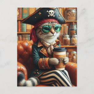 Adorable Pirate Cat with Coffee Postcard