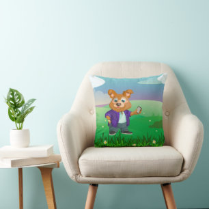 Adorable playful Cartoon dog student in a suit #1w Cushion