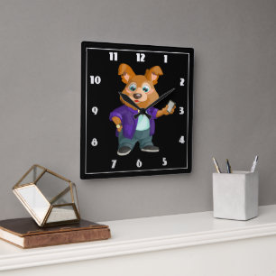 Adorable playful Cartoon dog student in a suit  Square Wall Clock