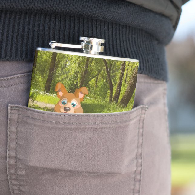 Adorable playful Cartoon dog student in the forest Hip Flask (In Situ)