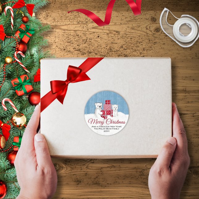 Adorable Polar Bear Cubs With Red Christmas Classic Round Sticker (Creator Uploaded)