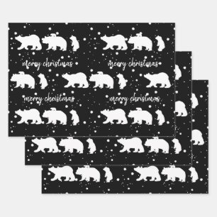 Adorable Polar Bear Family Christmas Black Wrapping Paper Sheet