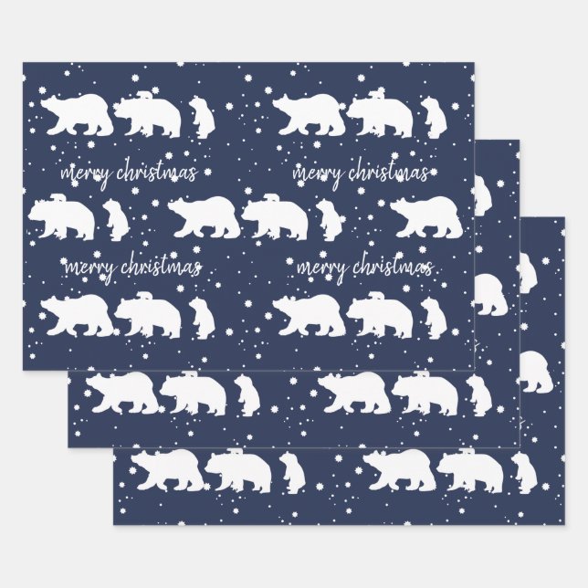 Adorable Polar Bear Family Christmas Blue Wrapping Paper Sheet (Set)