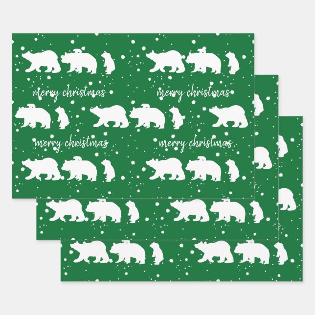 Adorable Polar Bear Family Christmas Green Wrapping Paper Sheet (Set)