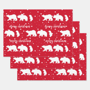 Adorable Polar Bear Family Christmas Red Wrapping Paper Sheet