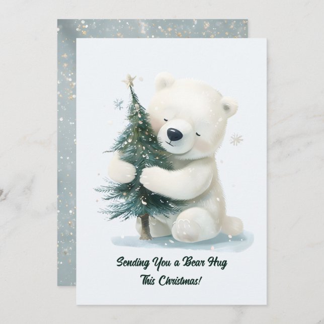 Adorable Polar Bear Hugging Christmas Tree, Cute  Holiday Card (Front/Back)