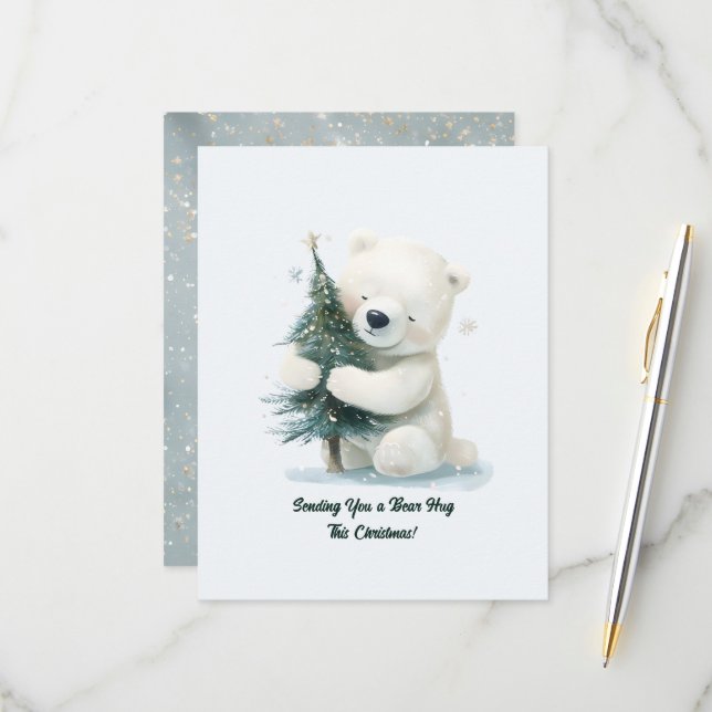 Adorable Polar Bear Hugging Christmas Tree, Cute  RSVP Card (Front/Back In Situ)