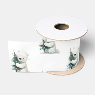Adorable Polar Bear Hugging Christmas Tree, Cute Satin Ribbon