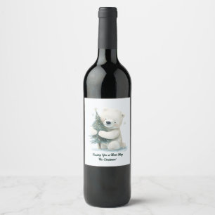 Adorable Polar Bear Hugging Christmas Tree, Cute  Wine Label
