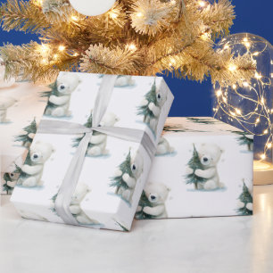 Adorable Polar Bear Hugging Christmas Tree, Cute Wrapping Paper