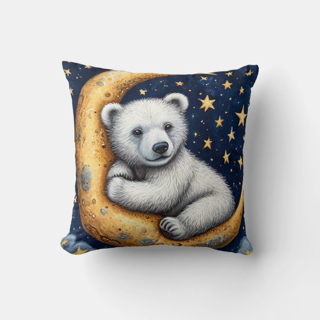 Adorable Polar Bear Sitting on a Crescent Moon Cushion (Front)