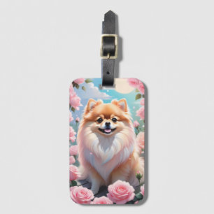 Adorable Pomeranian Blooming Pink Roses Luggage Tag