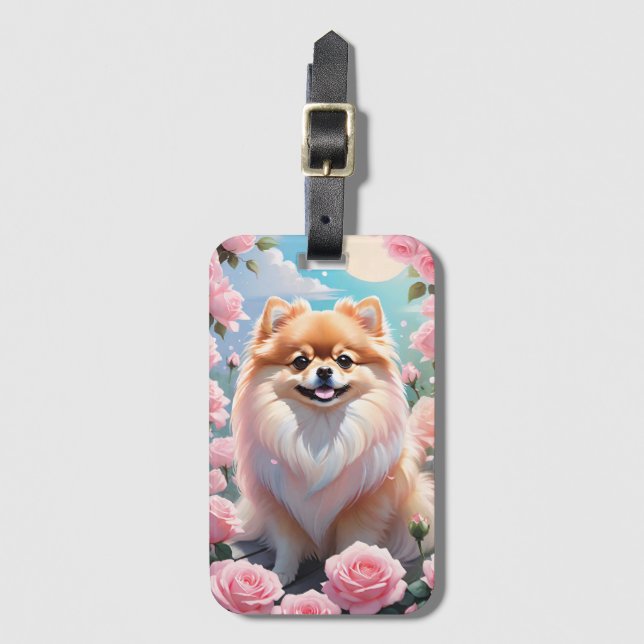 Adorable Pomeranian Blooming Pink Roses Luggage Tag (Front Vertical)