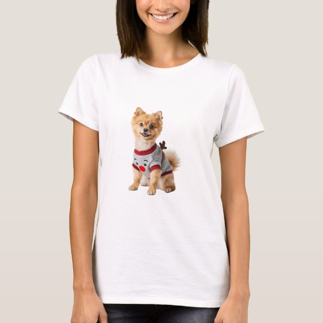Adorable Pomeranian Dog in Festive Reindeer Christ T-Shirt (Front)