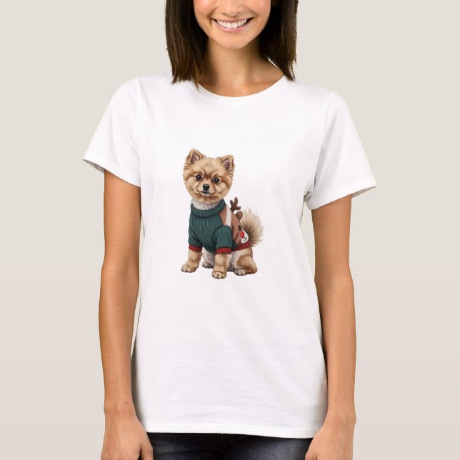 Adorable Pomeranian Puppy in Christmas Reindeer T-Shirt (Front)