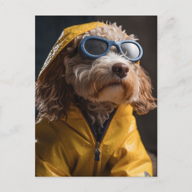 Adorable Poodle Mix Dog in a yellow raincoat  Postcard (Front)