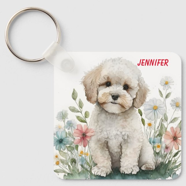 Adorable Poodle Puppy Dog Key Ring (Front)