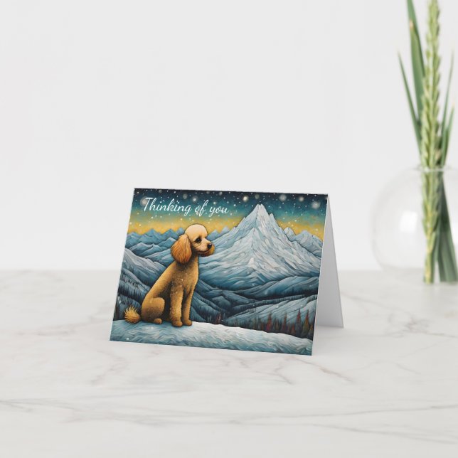 Adorable Poodle Snowy Mountain Thinking Of You Card (Front)