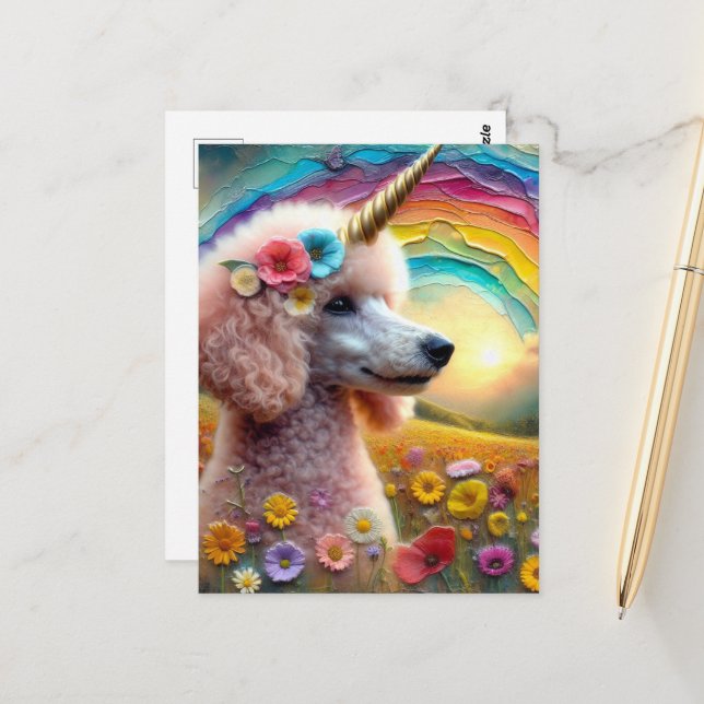 Adorable Poodle Unicorn in Wildflowers Postcard (Front/Back In Situ)