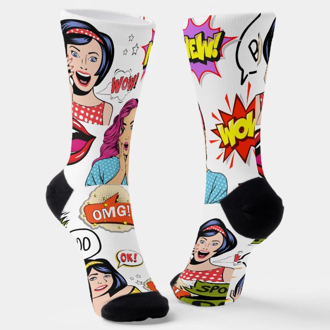 Adorable pop art surprised women OMG White Socks (Angled)