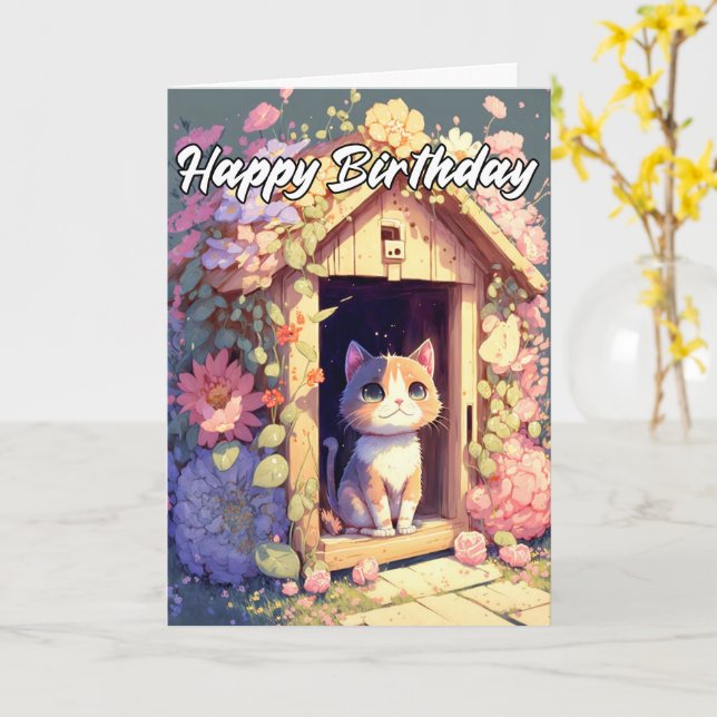 Adorable Posing Baby Kitten Illustration Card (Yellow Flower)