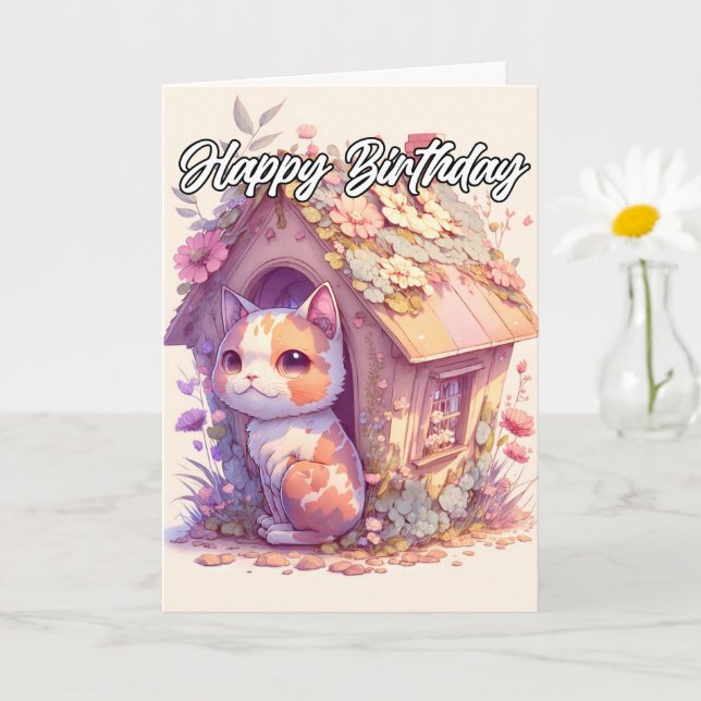 Adorable Posing Baby Kitten Illustration Card (Small Plant)