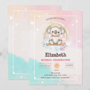 Adorable Pretty Koala Rainbow Birthday Invitation