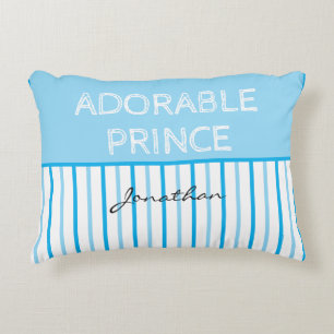 Adorable Prince Blue White Stripes Name Decorative Cushion