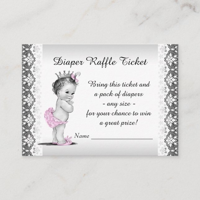 Adorable Princess Baby Girl Diaper Raffle Ticket Enclosure Card (Front)