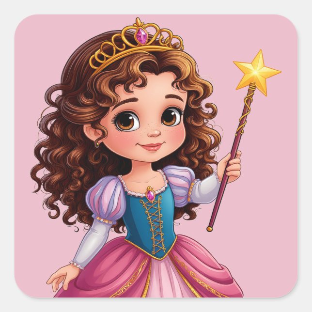 Adorable Princess Holding Magic Wand Square Sticker (Front)