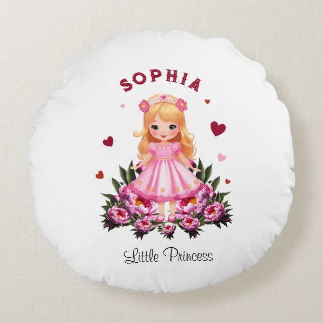 Adorable princess with flowers round cushion (Front)