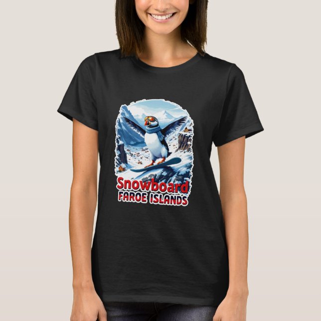 Adorable Puffin Snowboarding Adventure T-Shirt (Front)