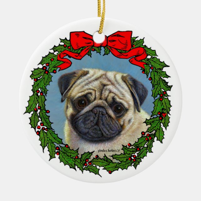 Adorable Pug Art by Glenda S. Harlan Ceramic Tree Decoration (Front)