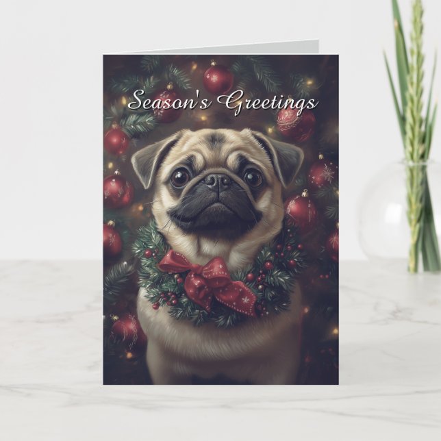 Adorable Pug Dog Christmas Card (Front)