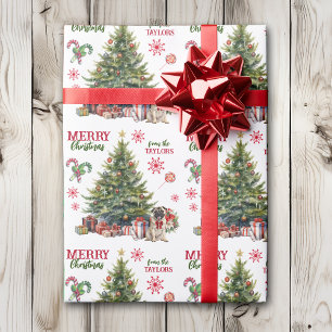 Adorable Pug Dog Red Bow Holiday Tree Wrapping Paper