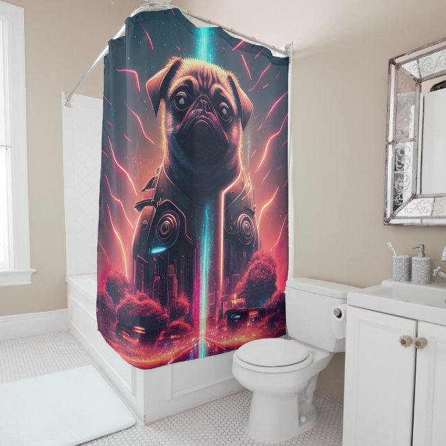 Adorable Pug in Futuristic Robot Costume Shower Curtain (In Situ)