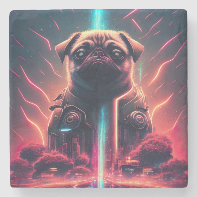 Adorable Pug in Futuristic Robot Costume Stone Coaster (Front)