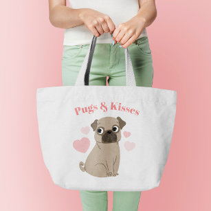 Adorable Pug Puppy "Pugs and Kisses" Large Tote Bag
