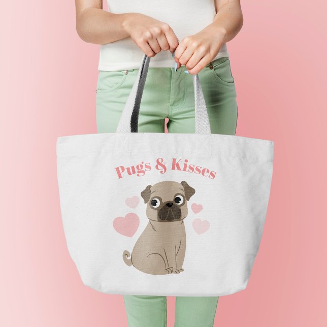 Adorable Pug Puppy "Pugs and Kisses" Large Tote Bag (Creator Uploaded)