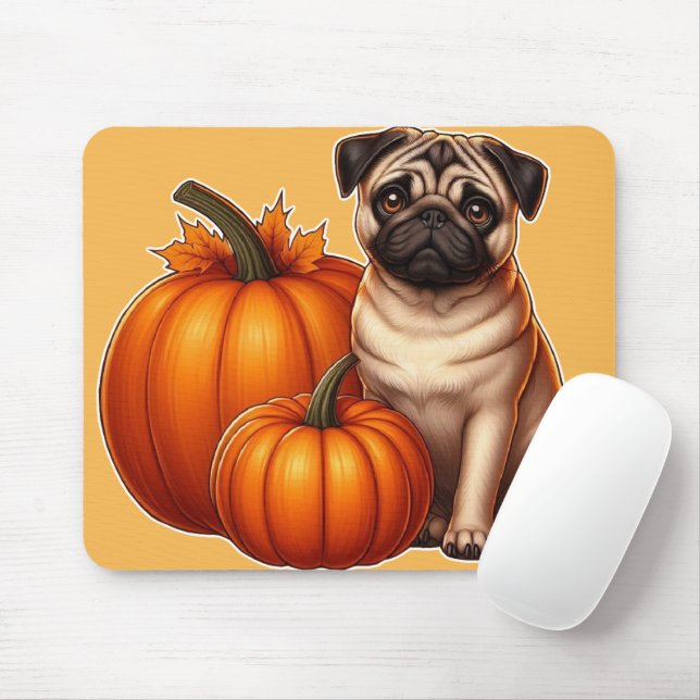 Adorable Pug Sitting Next to Pumpkins and Leaves Mouse Mat (With Mouse)