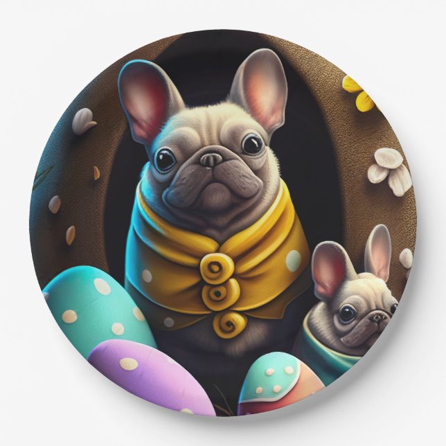 Adorable Pug with Easter Eggs A Festive and Cute Paper Plate (Front)