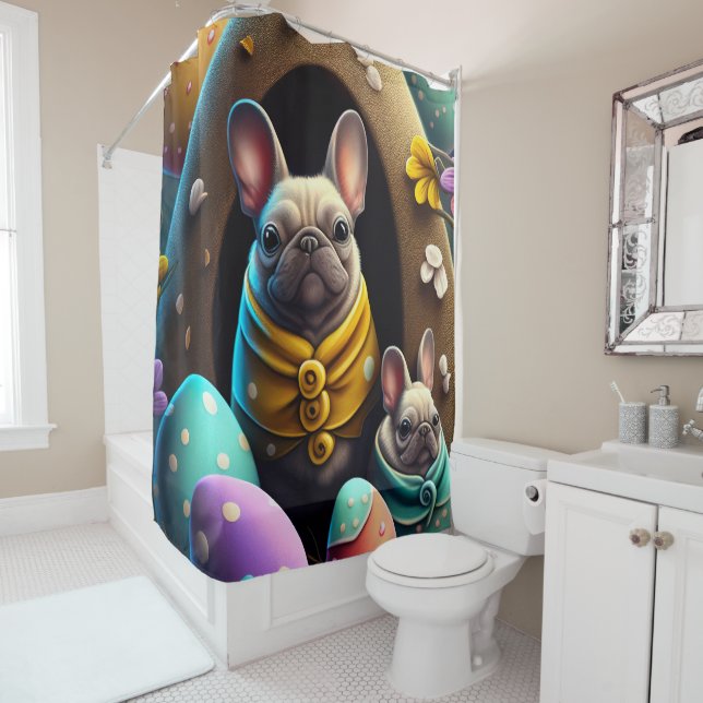 Adorable Pug with Easter Eggs A Festive and Cute Shower Curtain (In Situ)