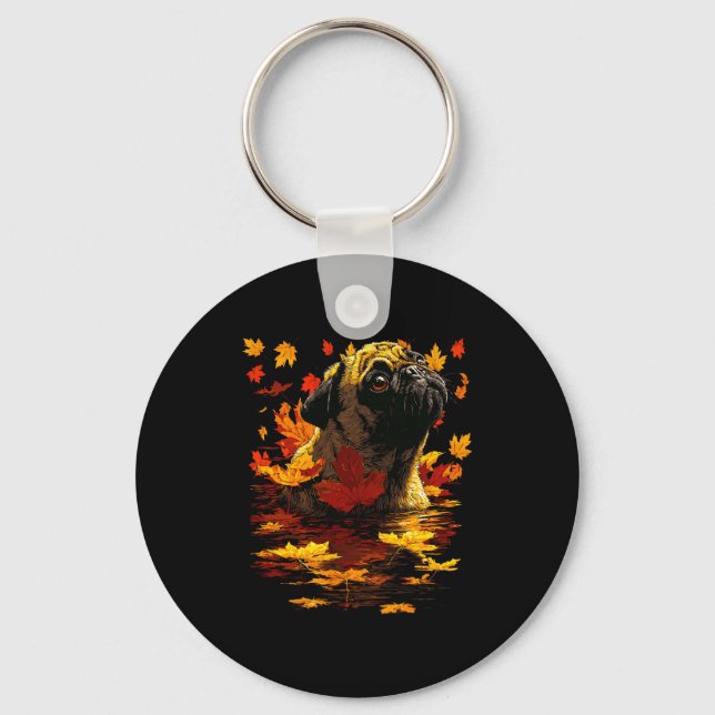 Adorable Pug With Forest Leaves Cozy Autumn Dog Fa Key Ring (Front)