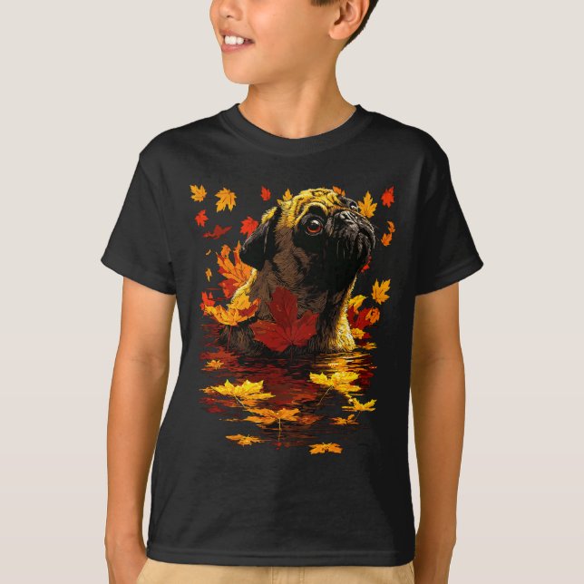 Adorable Pug With Forest Leaves Cozy Autumn Dog Fa T-Shirt (Front)