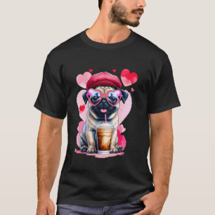 Adorable Pug with Heart Glasses and Iced Coffee T-Shirt